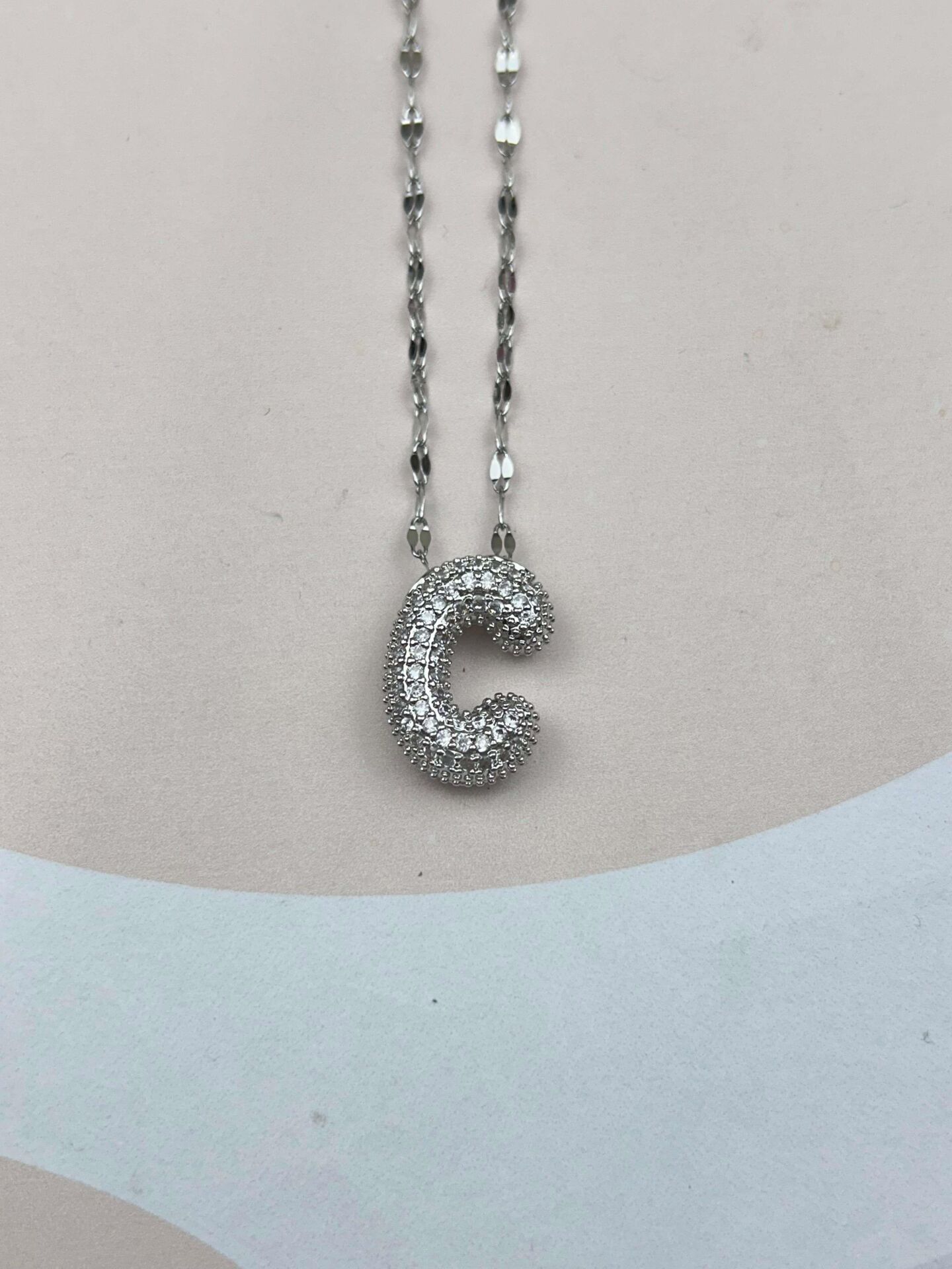 Çelik Silver Taşlı Balon Harf Kolye 45cm (C) // KOLYE-3558