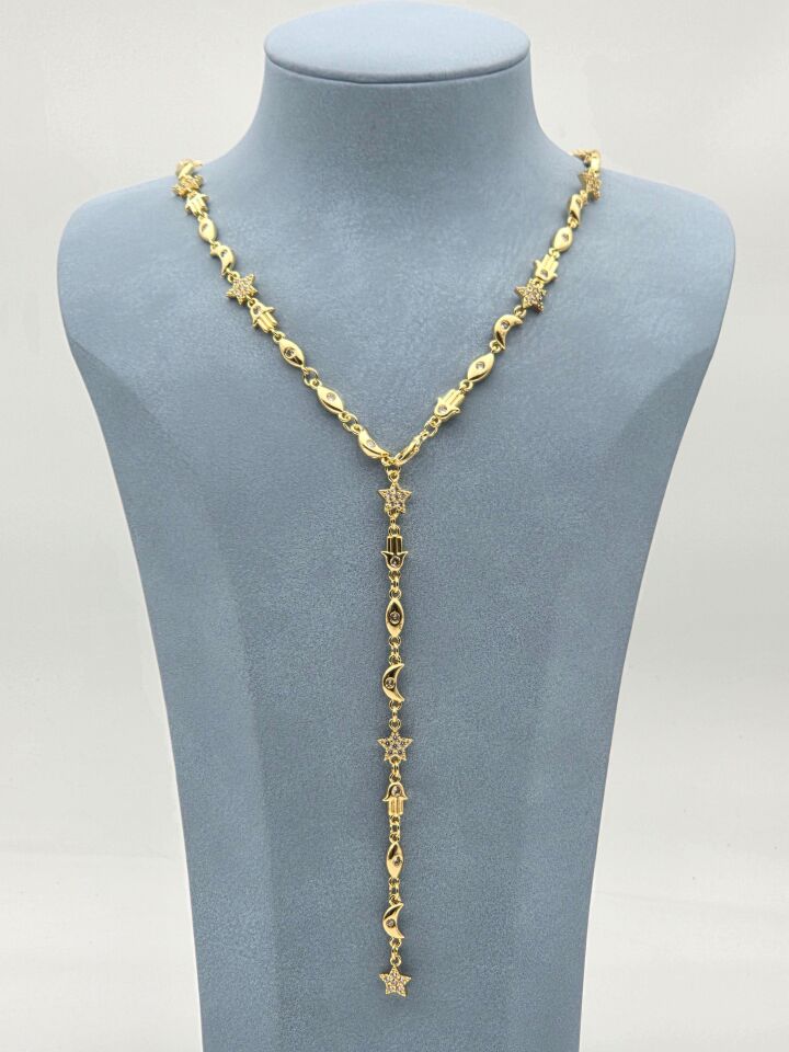 Çelik Ay Güneş Detaylı Y Kolye 60cm // KOLYE-5947