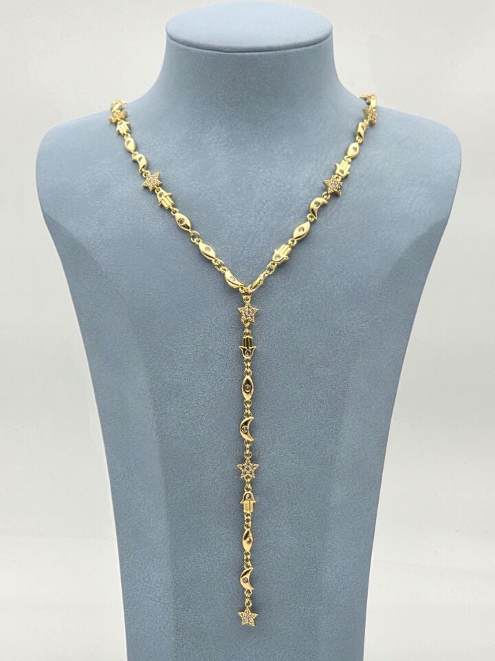 Çelik Ay Güneş Detaylı Y Kolye 60cm // KOLYE-5947