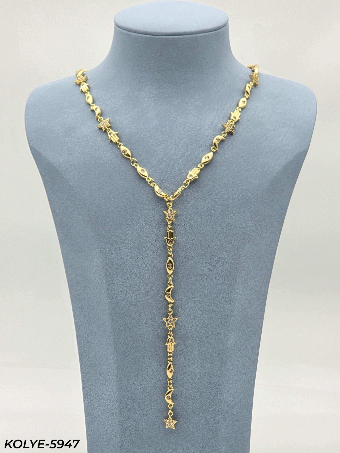 Çelik Ay Güneş Detaylı Y Kolye 60cm // KOLYE-5947