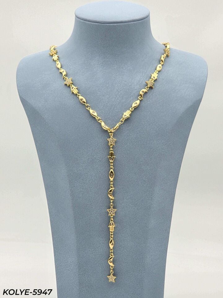 Çelik Ay Güneş Detaylı Y Kolye 60cm // KOLYE-5947