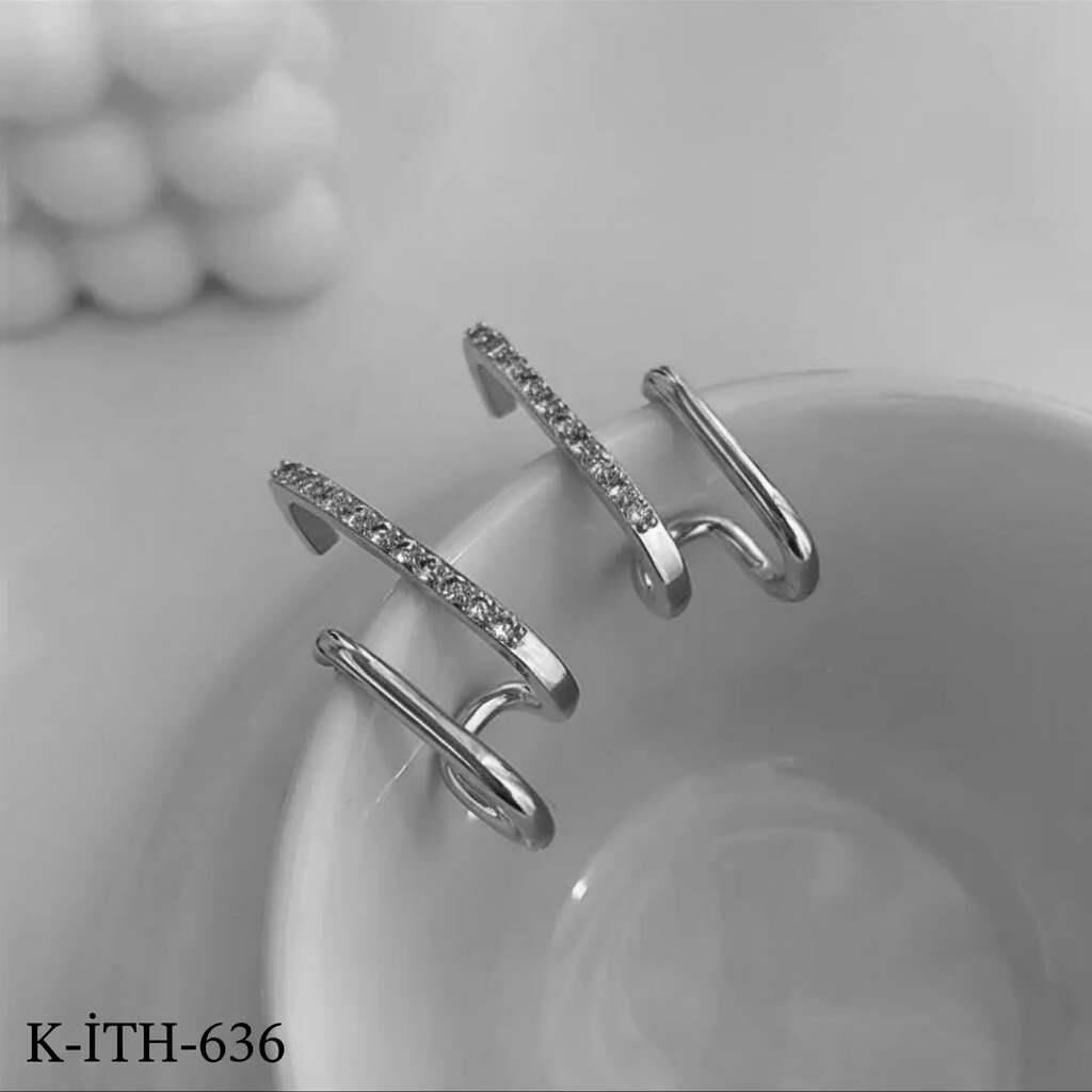 VİP Çift Görünümlü Küpe Silver Renk // K-İTH-636