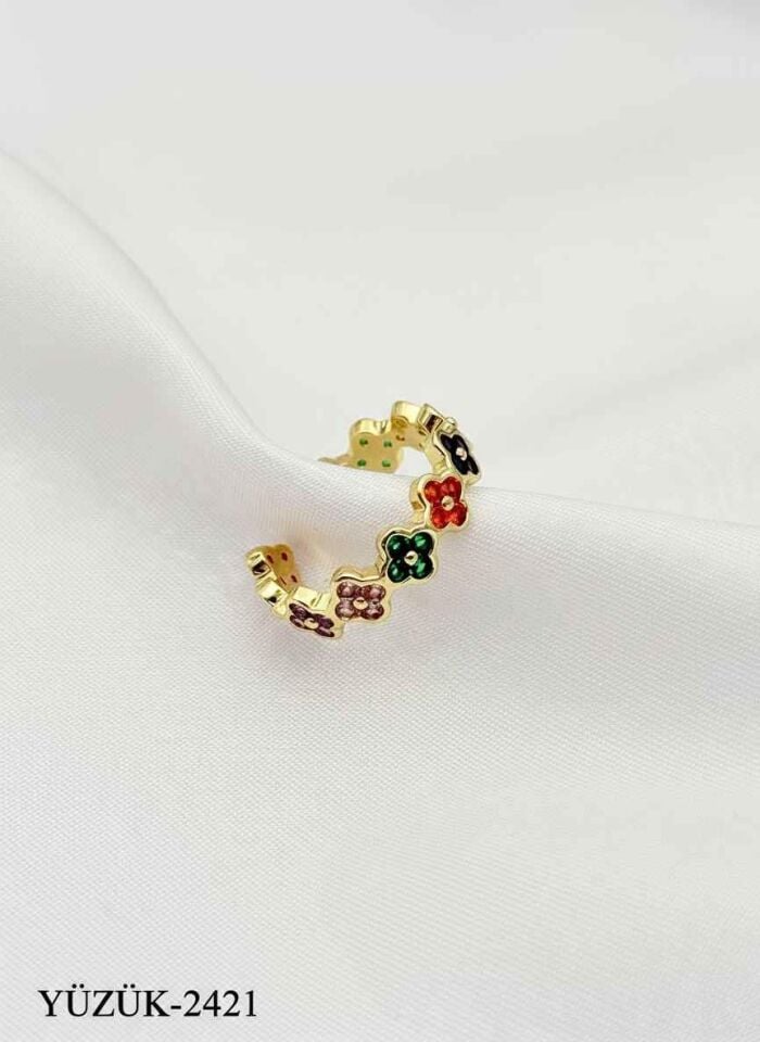 Çelik Renkli Taşlı Yonca Yüzük (Ayarlanabilir) // YÜZÜK-2421