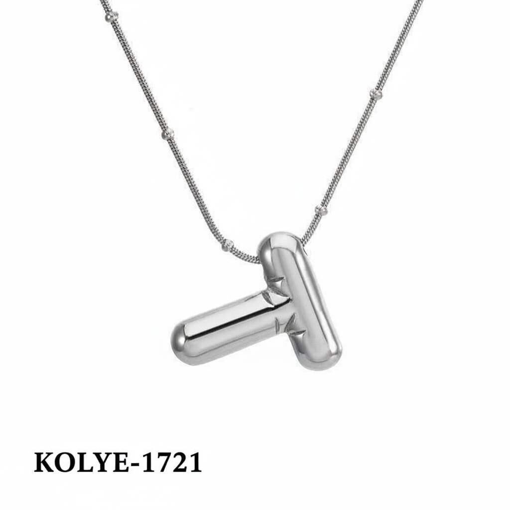 Çelik Balon Harf Kolye (T) 45cm Silver Renk // KOLYE-1721