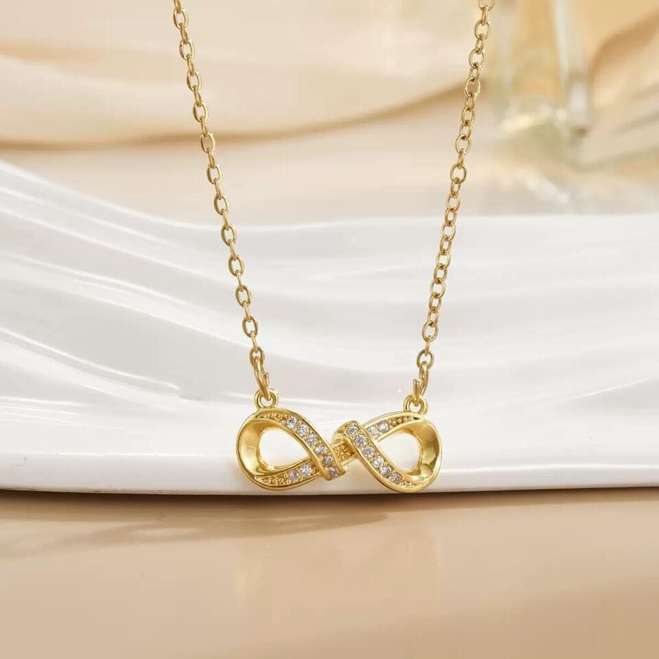 Çelik Gold Renk Taşlı Sonsuzluk Motifli Kolye // KOLYE-7281