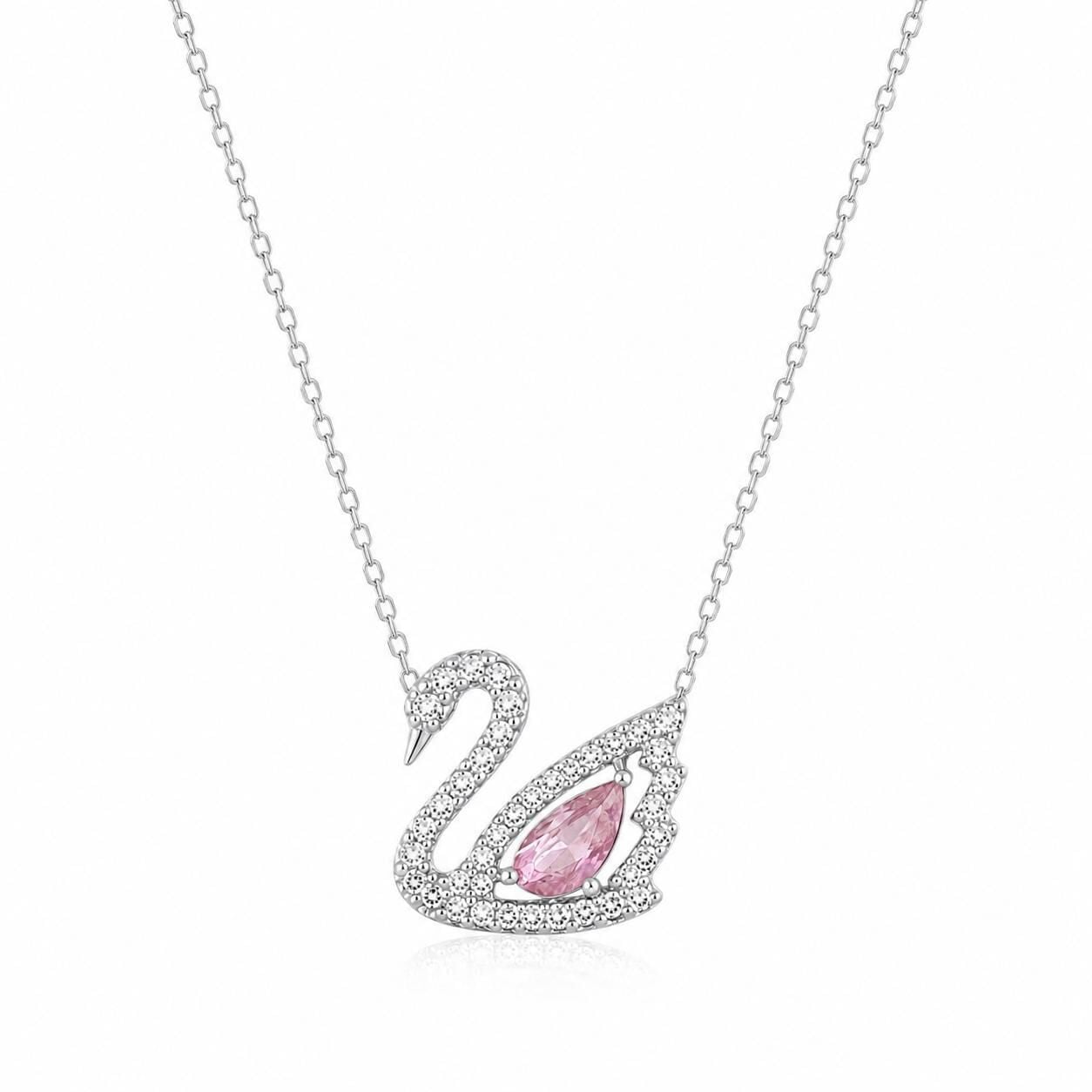 Çelik Silver Renk Pembe Taşlı SWAR Kuğu Kolye // KOLYE-7288