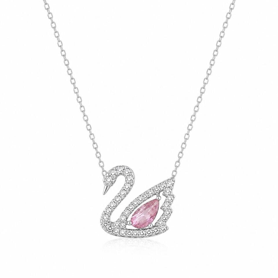 Çelik Silver Renk Pembe Taşlı SWAR Kuğu Kolye // KOLYE-7288