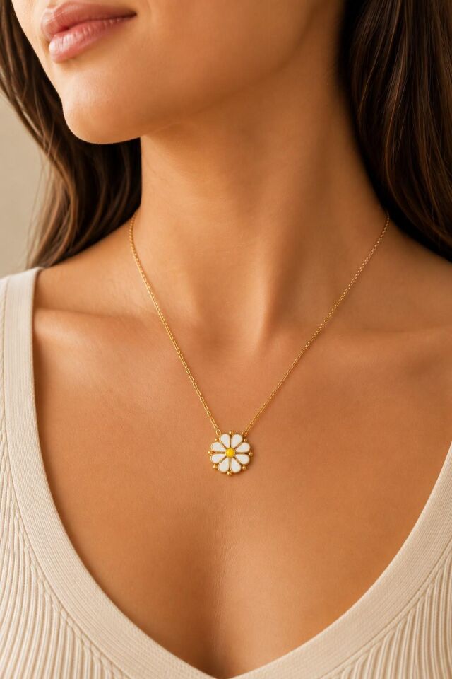 Çelik Gold Açılır Kapanır Papatya Kolye // KOLYE-7635