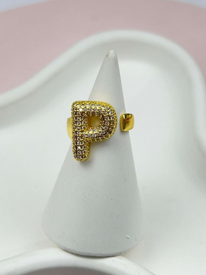 Çelik Taşlı Balon Harf Yüzük (Ayarlanabilir) // YÜZÜK-861