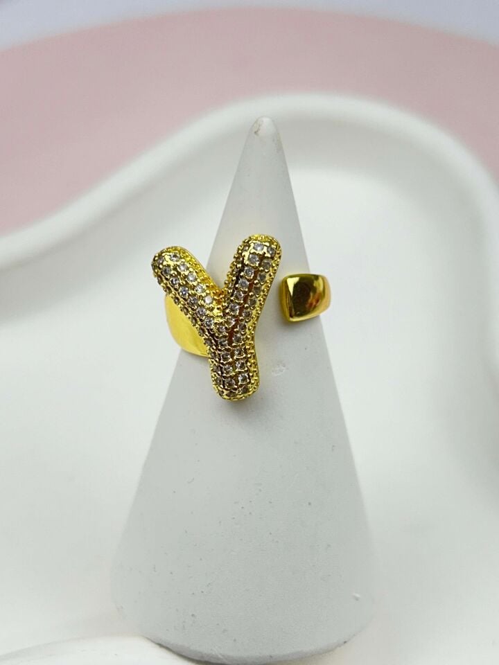 Çelik Taşlı Balon Harf Yüzük (Ayarlanabilir) // YÜZÜK-866