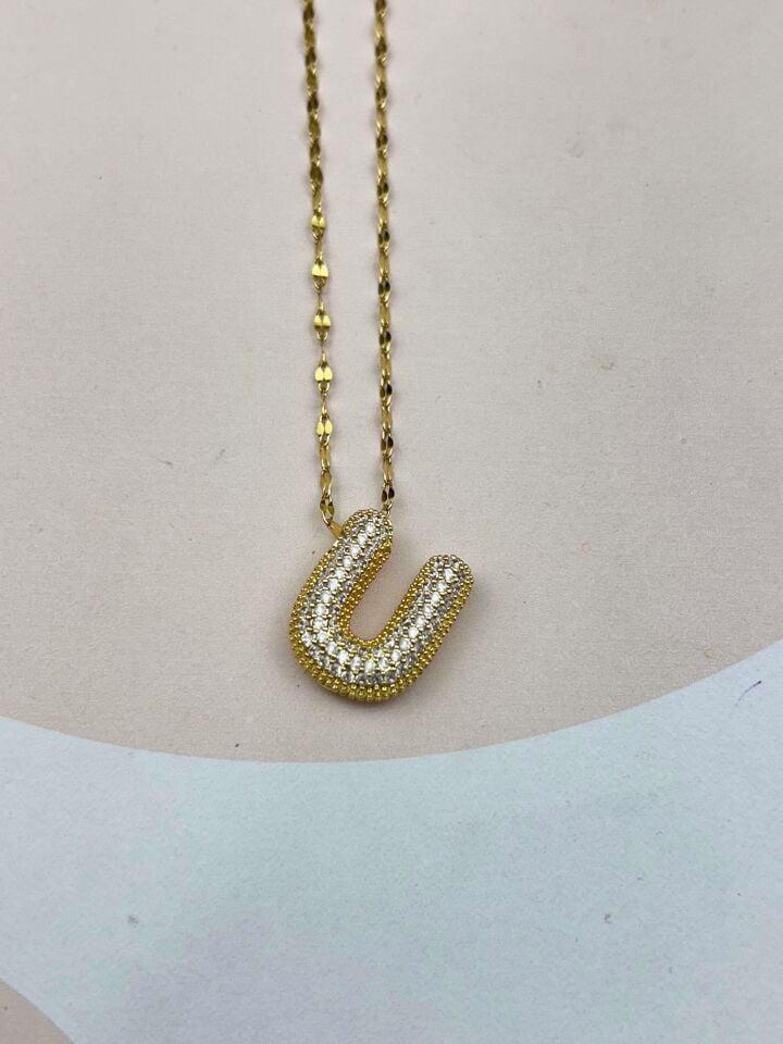 Çelik Gold Taşlı Balon Harf Kolye 45cm (U) // KOLYE-3537