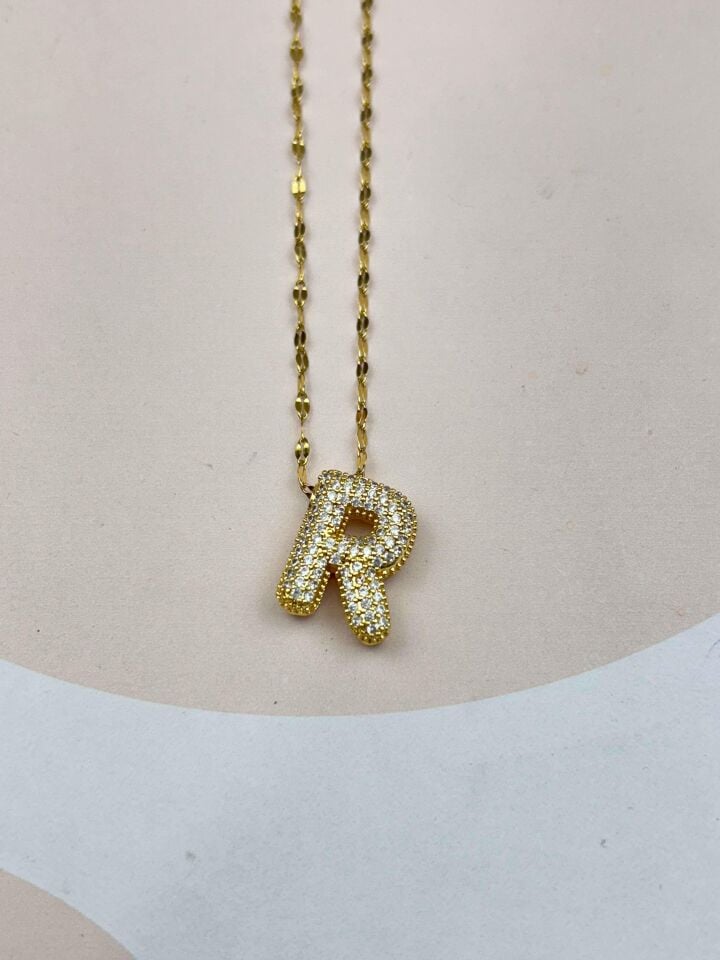 Çelik Gold Taşlı Balon Harf Kolye 45cm (R) // KOLYE-3539