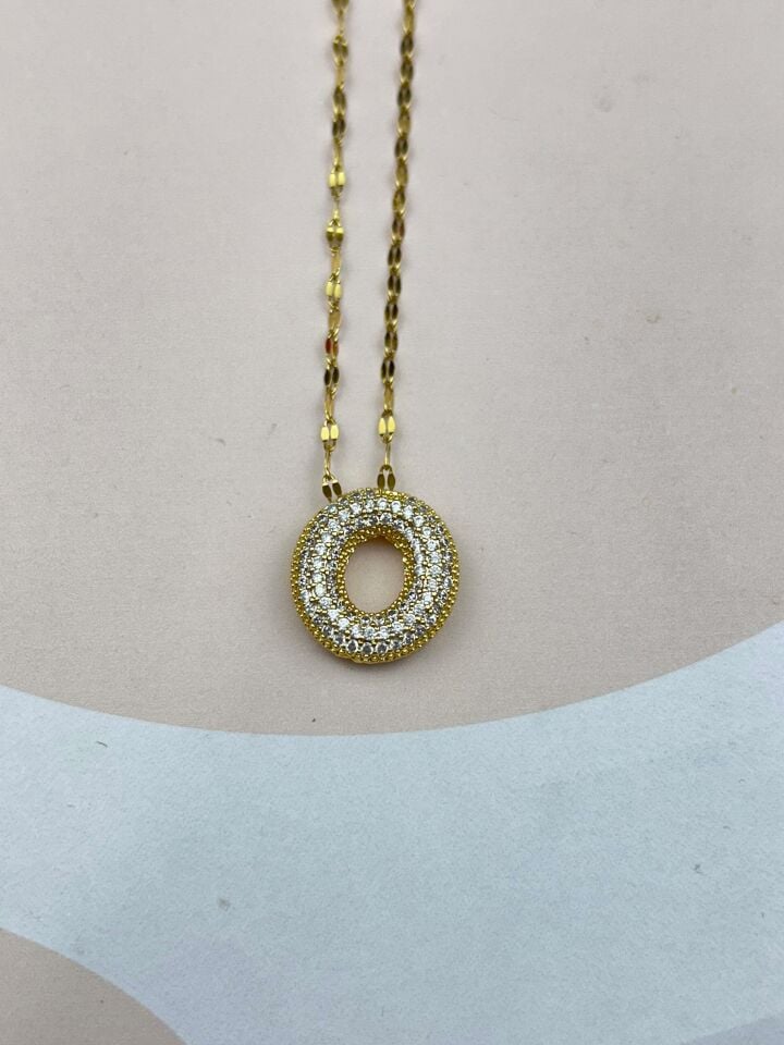 Çelik Gold Taşlı Balon Harf Kolye 45cm (O) // KOLYE-3549