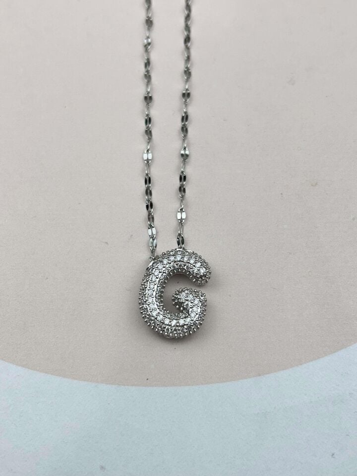 Çelik Silver Taşlı Balon Harf Kolye 45cm (G) // KOLYE-3550
