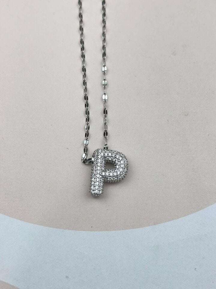 Çelik Silver Taşlı Balon Harf Kolye 45cm (P) // KOLYE-3551