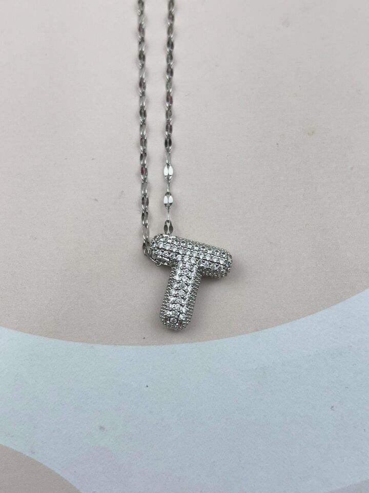 Çelik Silver Taşlı Balon Harf Kolye 45cm (T) // KOLYE-3553