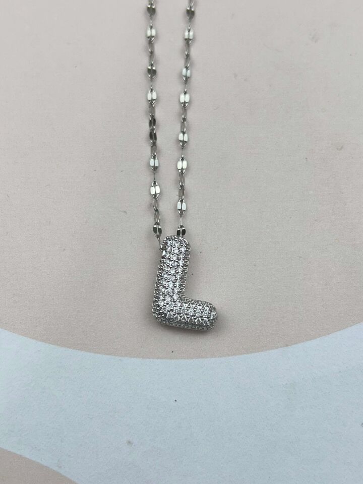 Çelik Silver Taşlı Balon Harf Kolye 45cm (L) // KOLYE-3554