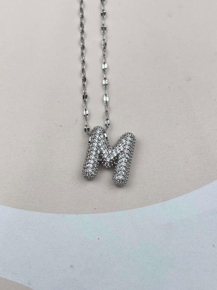 Çelik Silver Taşlı Balon Harf Kolye 45cm (M) // KOLYE-3557
