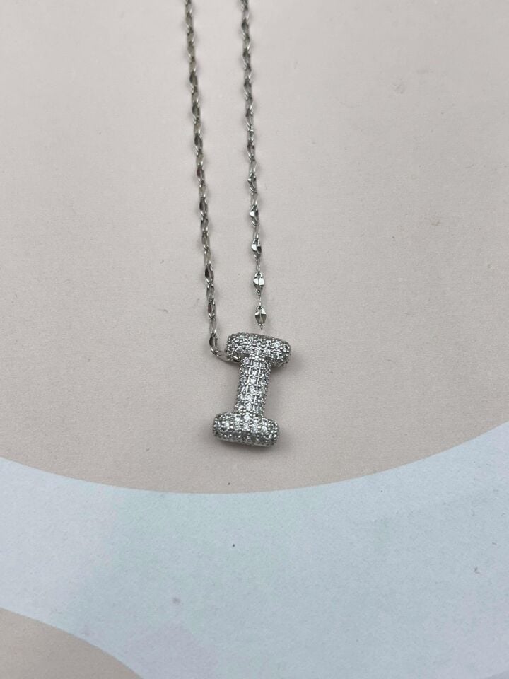 Çelik Silver Taşlı Balon Harf Kolye 45cm (I) // KOLYE-3561