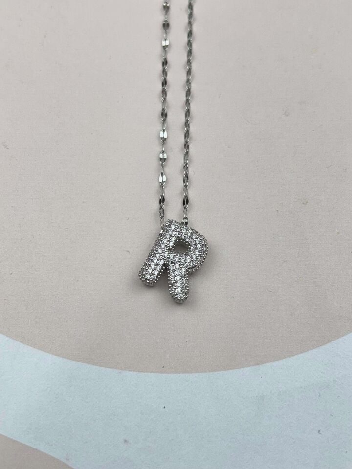 Çelik Silver Taşlı Balon Harf Kolye 45cm (R) // KOLYE-3564