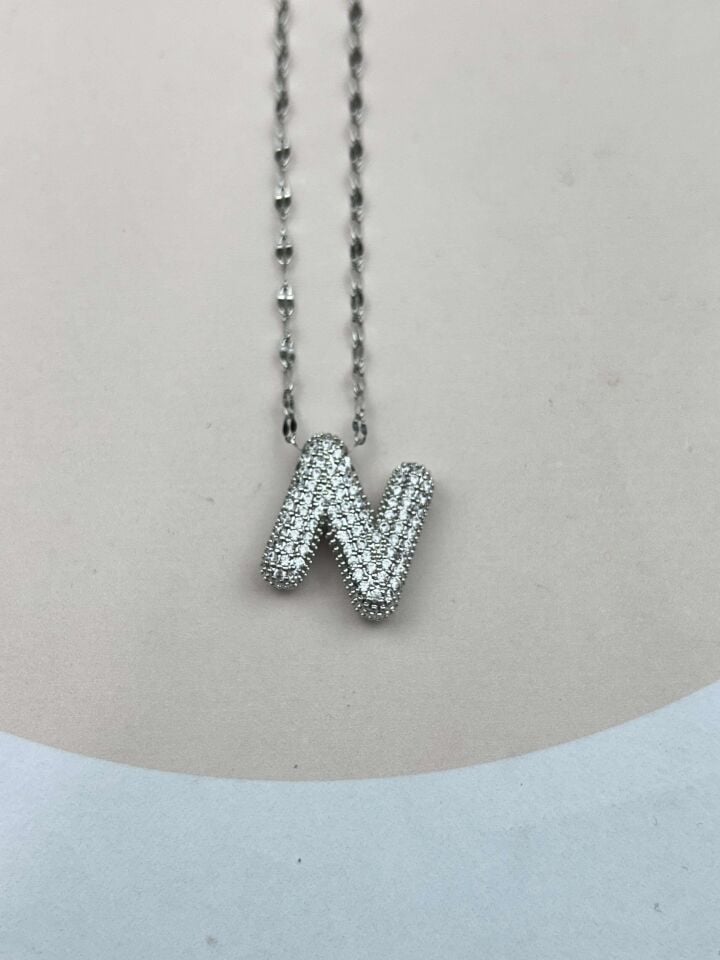 Çelik Silver Taşlı Balon Harf Kolye 45cm (N) // KOLYE-3566