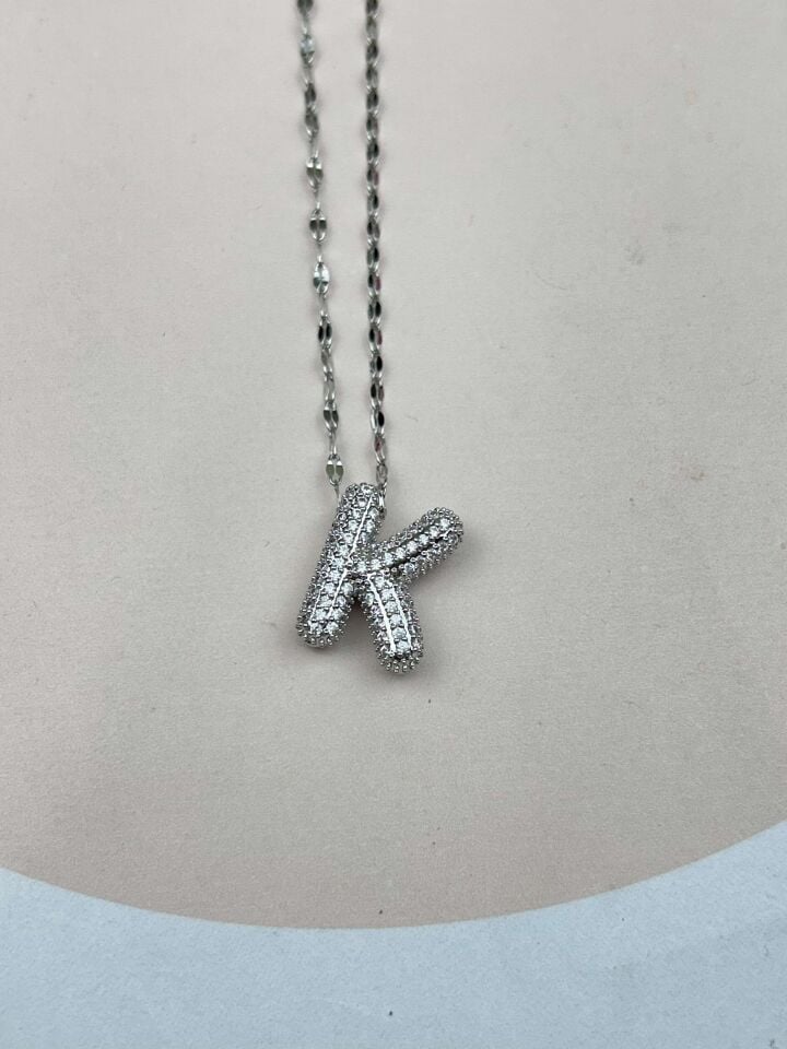 Çelik Silver Taşlı Balon Harf Kolye 45cm (K) // KOLYE-3567