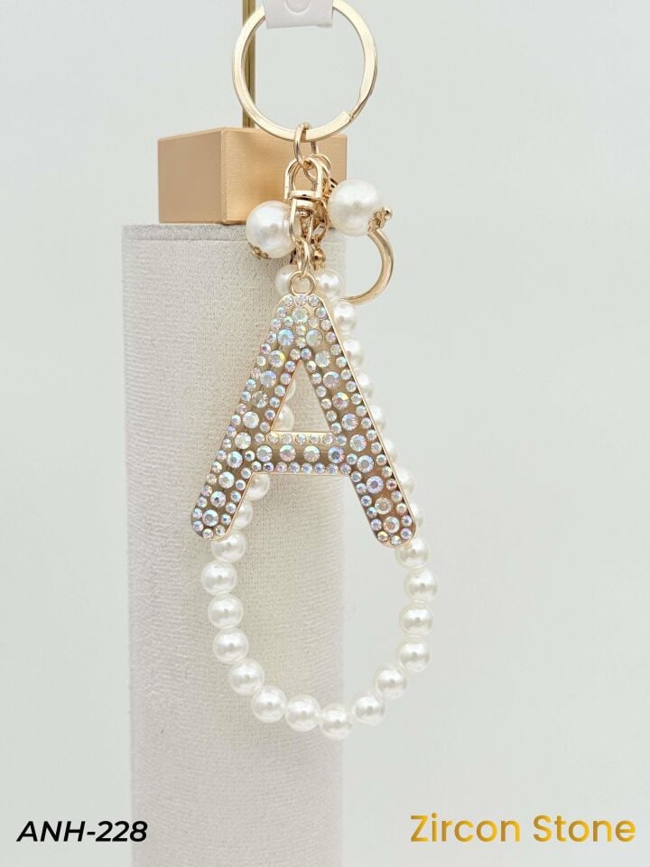 Zirkon Taşlı İncili Harf Anahtarlık-Çanta Charm // ANH-228