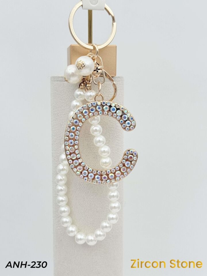 Zirkon Taşlı İncili Harf Anahtarlık-Çanta Charm // ANH-230