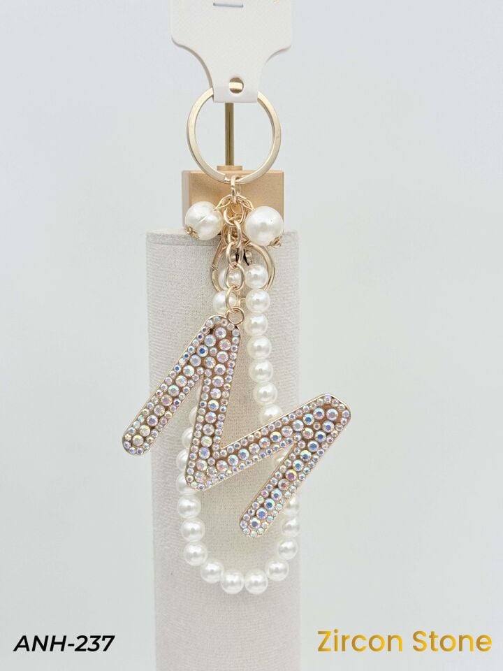 Zirkon Taşlı İncili Harf Anahtarlık-Çanta Charm // ANH-237