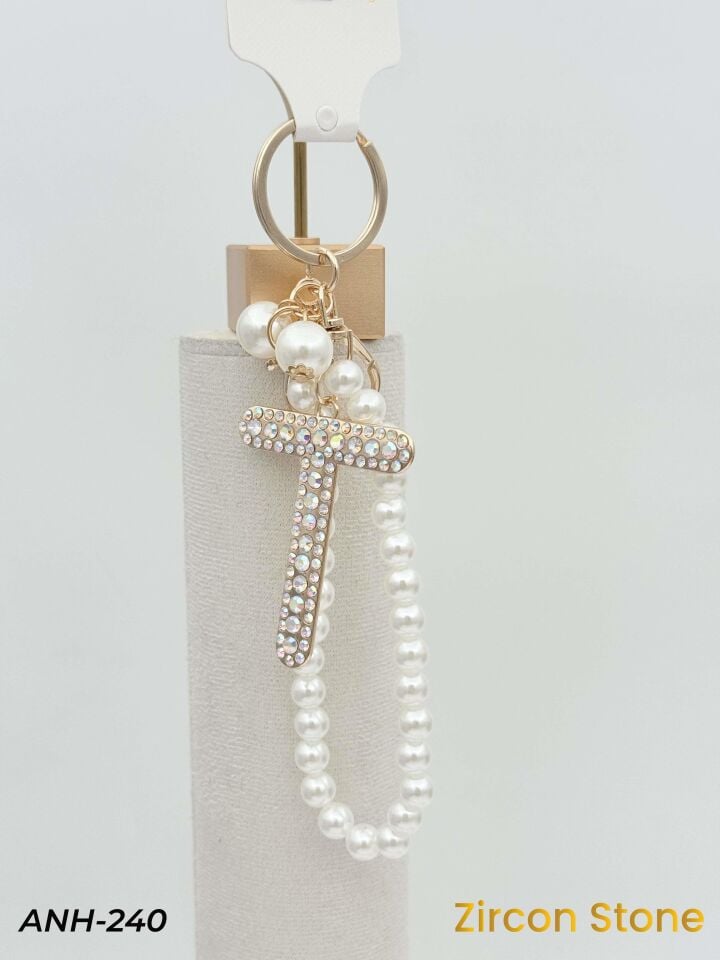 Zirkon Taşlı İncili Harf Anahtarlık-Çanta Charm // ANH-240